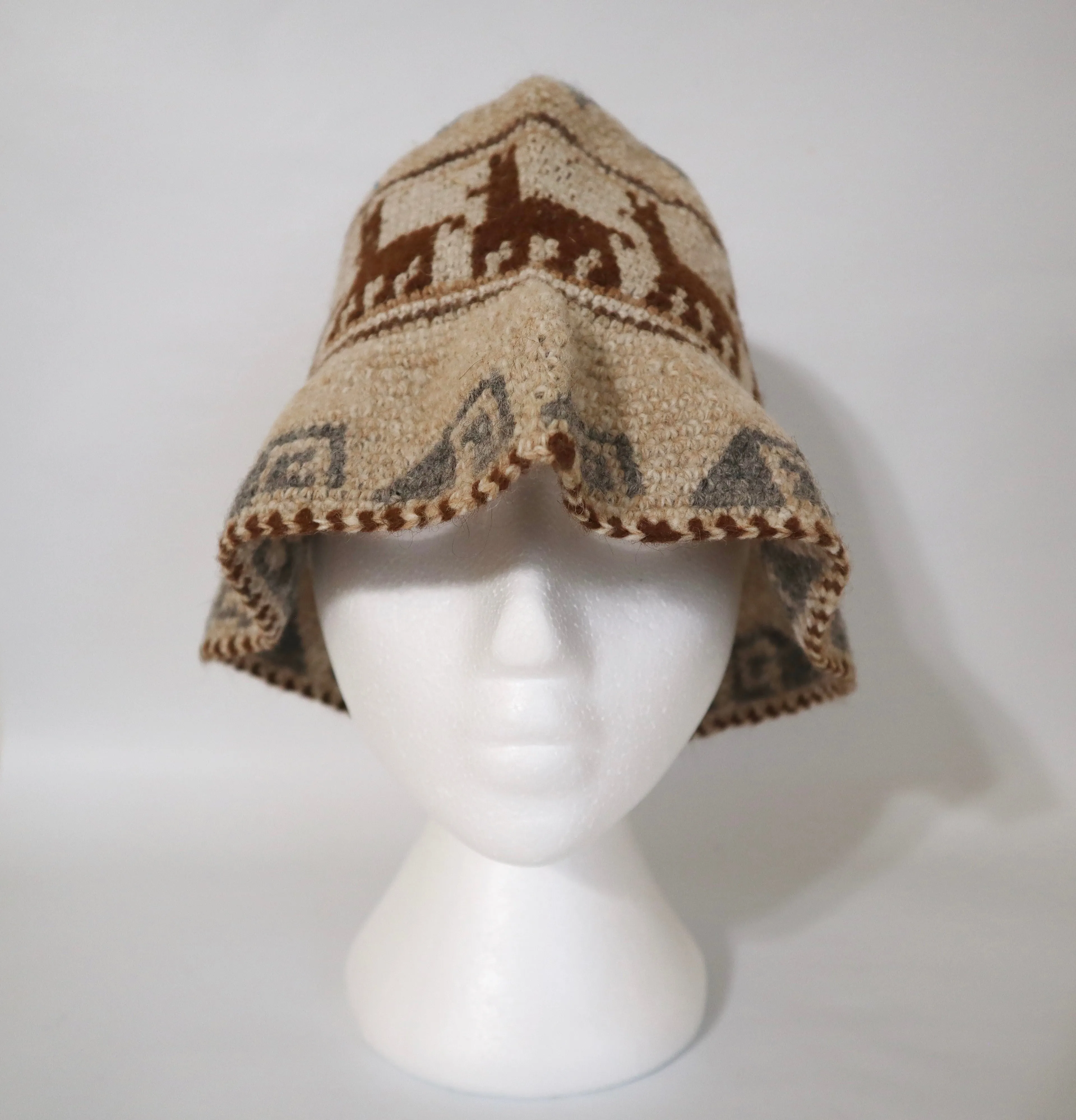 Crochet Roll-Up Peruvian Hat Rustic Thick Knit Sheep & Alpaca Wool Ivory Color Medium Unisex