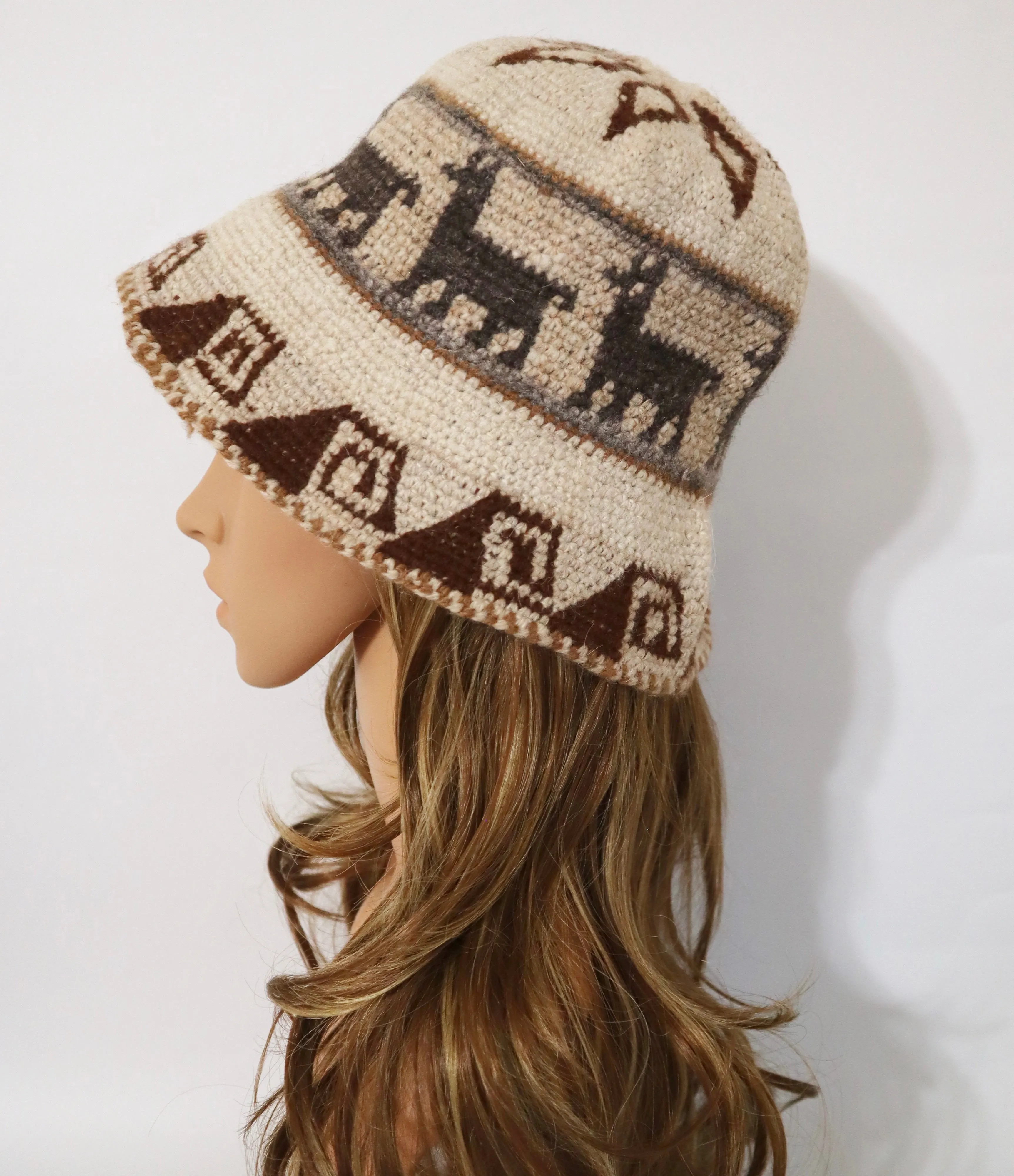 Crochet Roll-Up Peruvian Hat Rustic Thick Knit Sheep & Alpaca Wool Ivory Color Medium Unisex