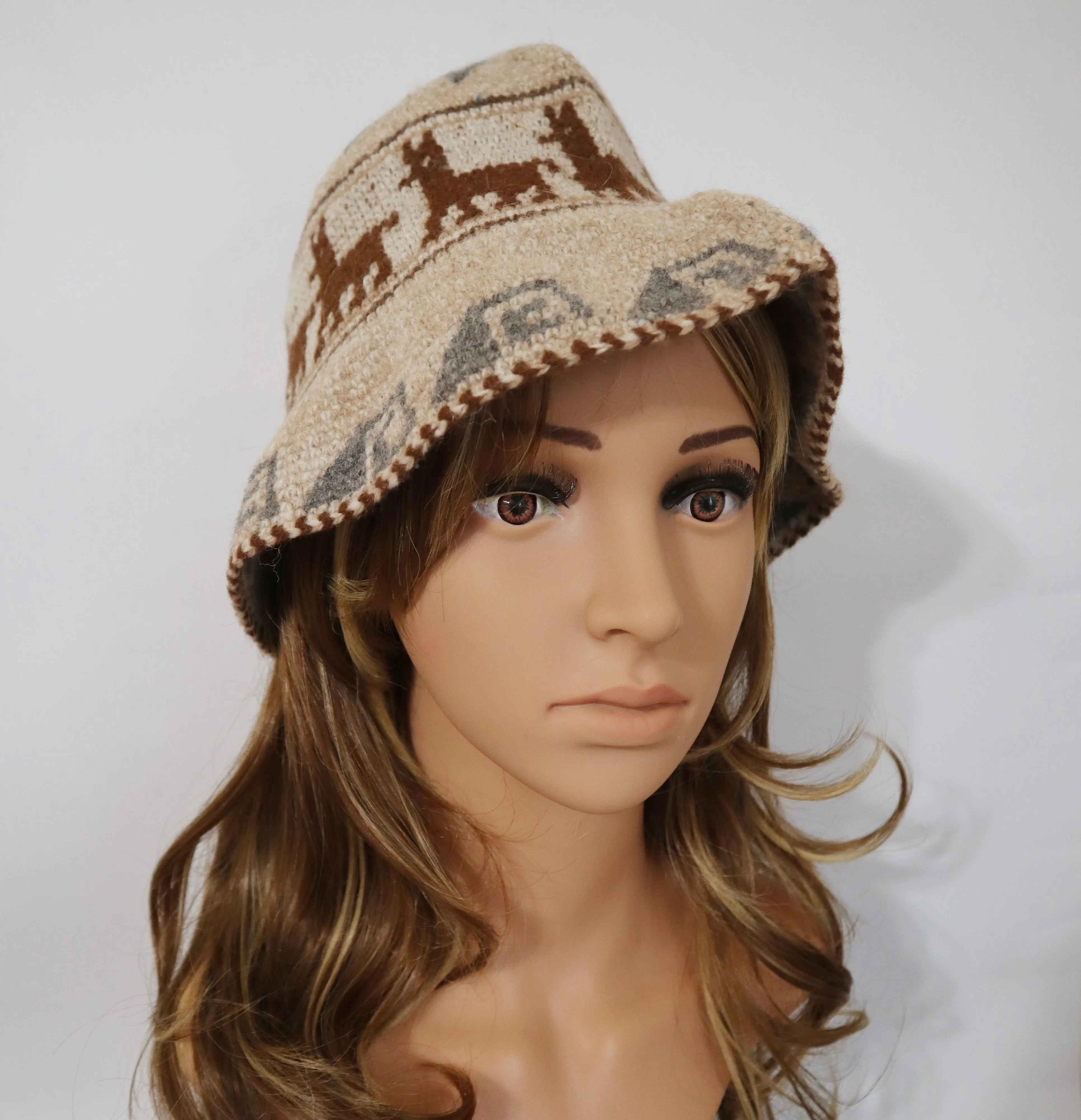 Crochet Roll-Up Peruvian Hat Rustic Thick Knit Sheep & Alpaca Wool Ivory Color Medium Unisex