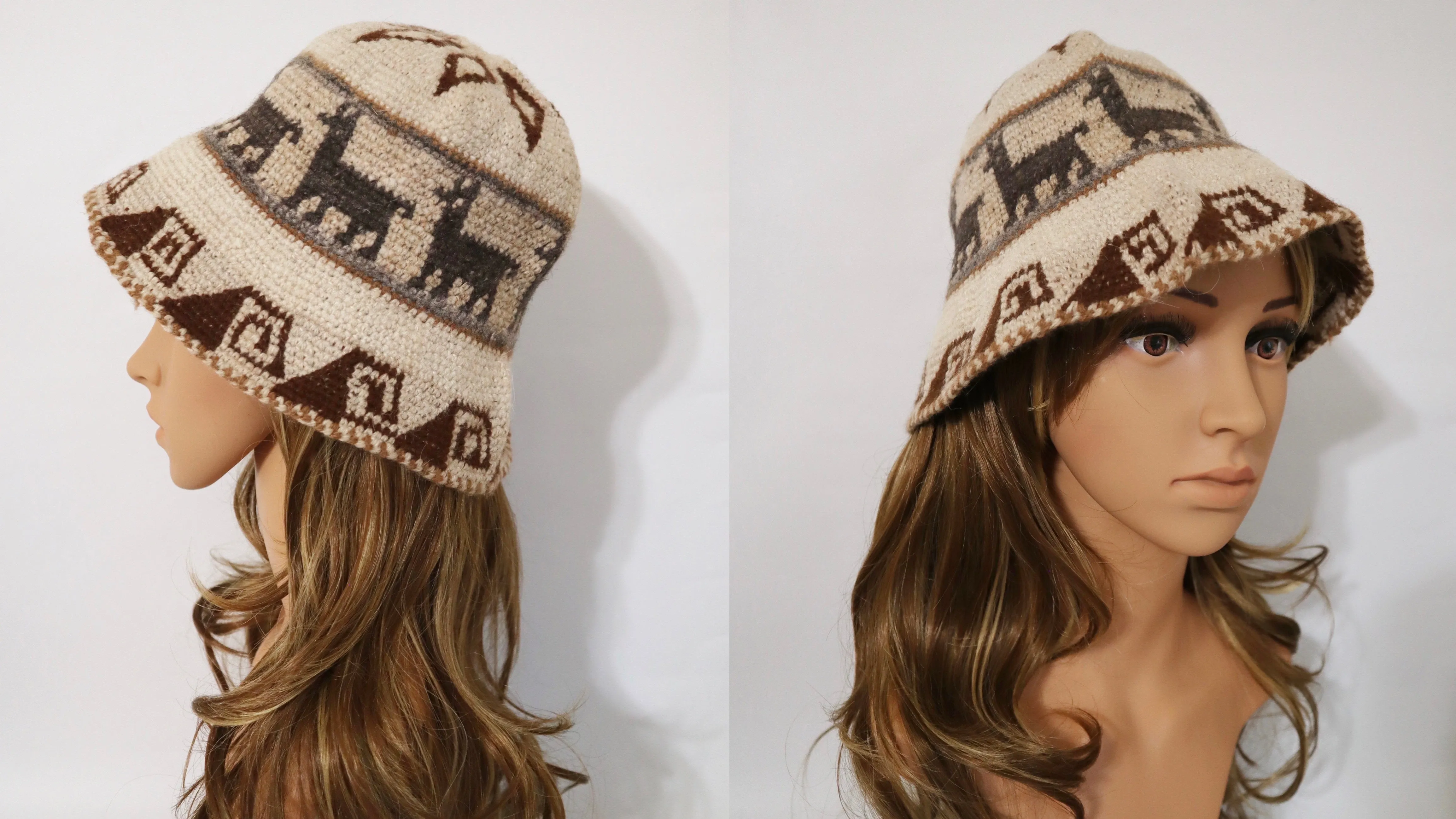 Crochet Roll-Up Peruvian Hat Rustic Thick Knit Sheep & Alpaca Wool Ivory Color Medium Unisex