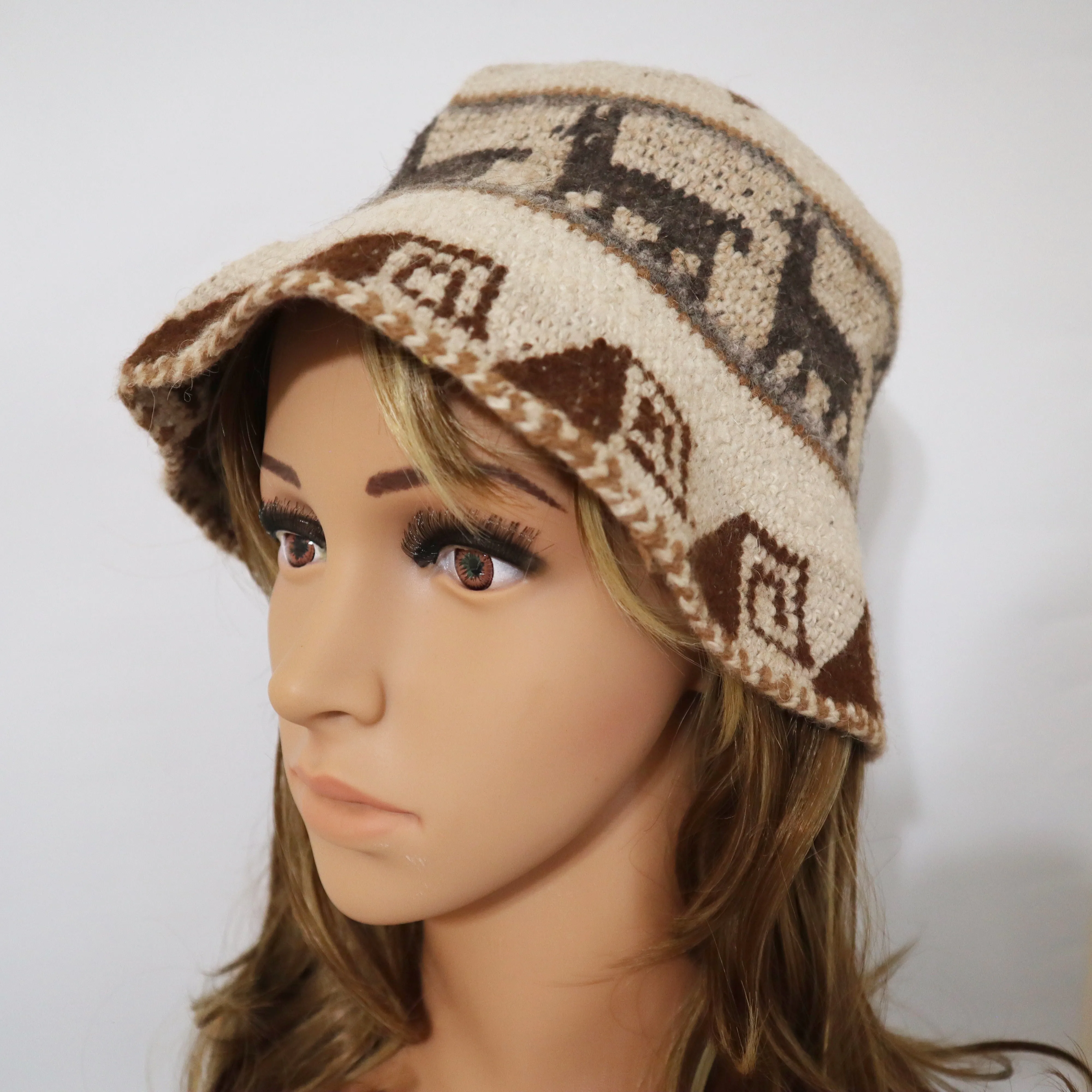 Crochet Roll-Up Peruvian Hat Rustic Thick Knit Sheep & Alpaca Wool Ivory Color Medium Unisex