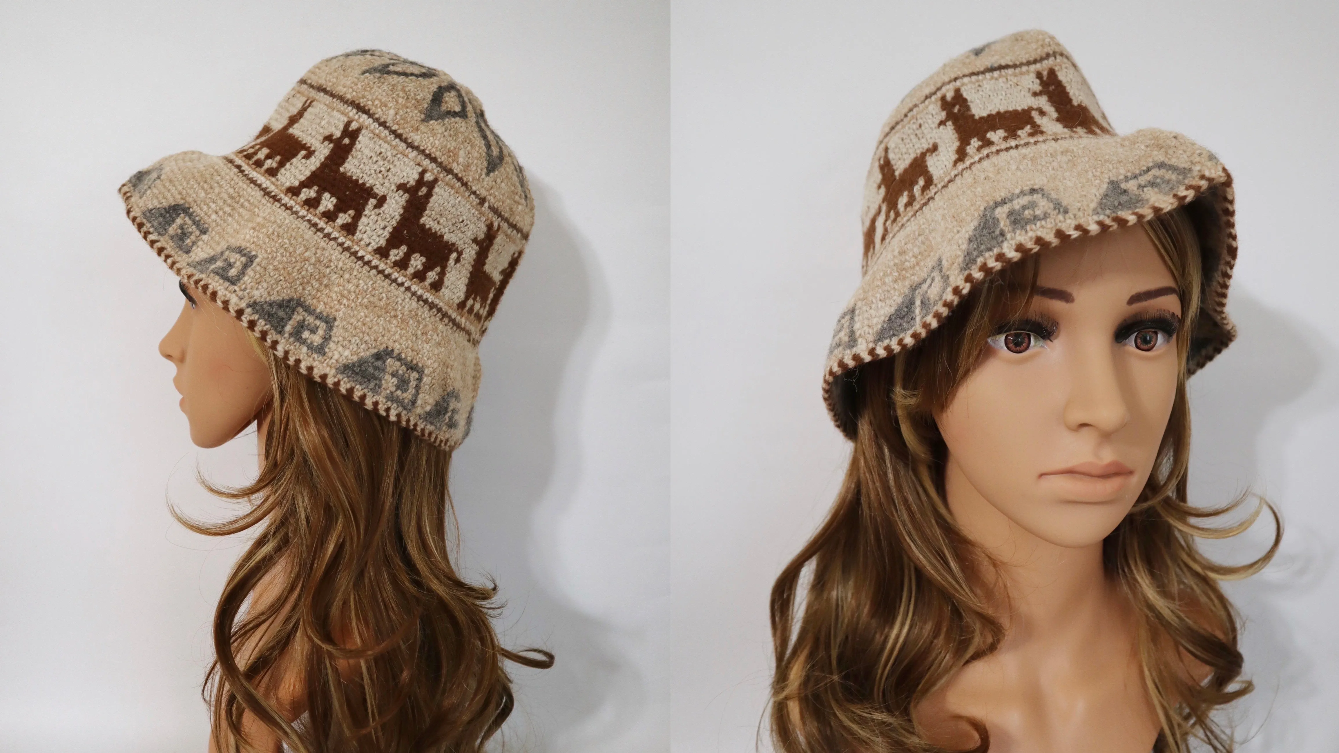 Crochet Roll-Up Peruvian Hat Rustic Thick Knit Sheep & Alpaca Wool Ivory Color Medium Unisex