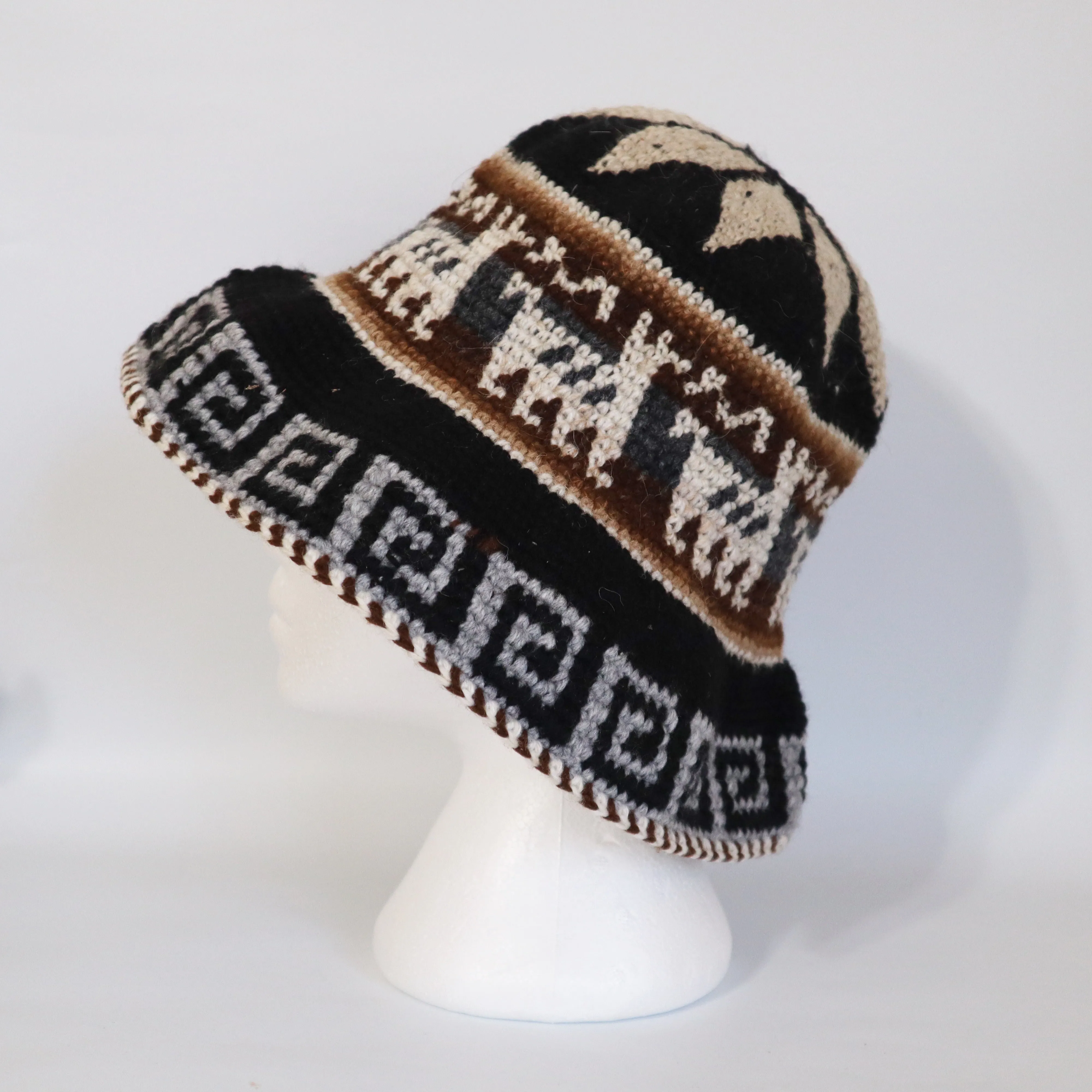 Crochet Roll-Up Peruvian Hat Rustic Thick Knit Sheep & Alpaca Wool. Large Size Unisex