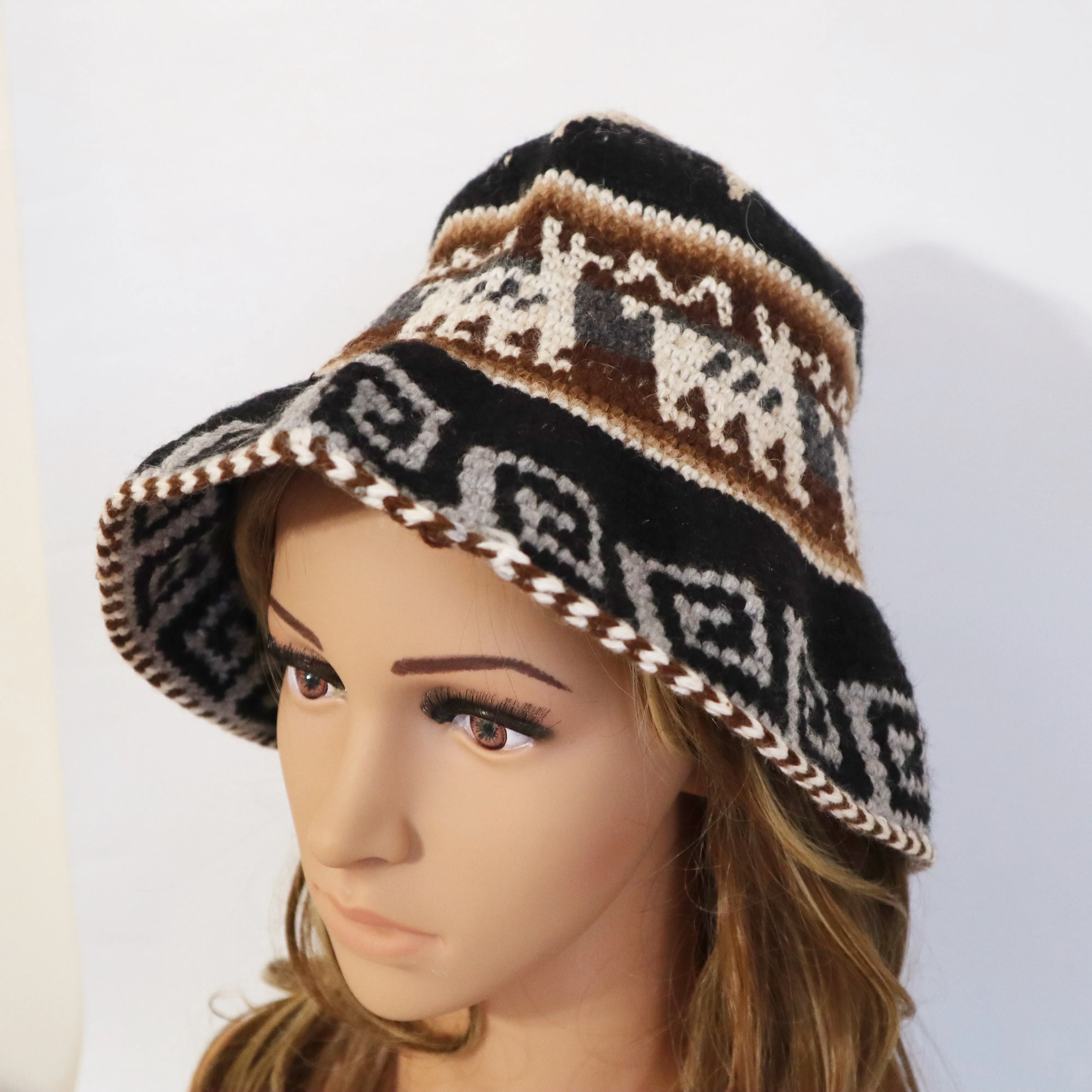 Crochet Roll-Up Peruvian Hat Rustic Thick Knit Sheep & Alpaca Wool. Large Size Unisex