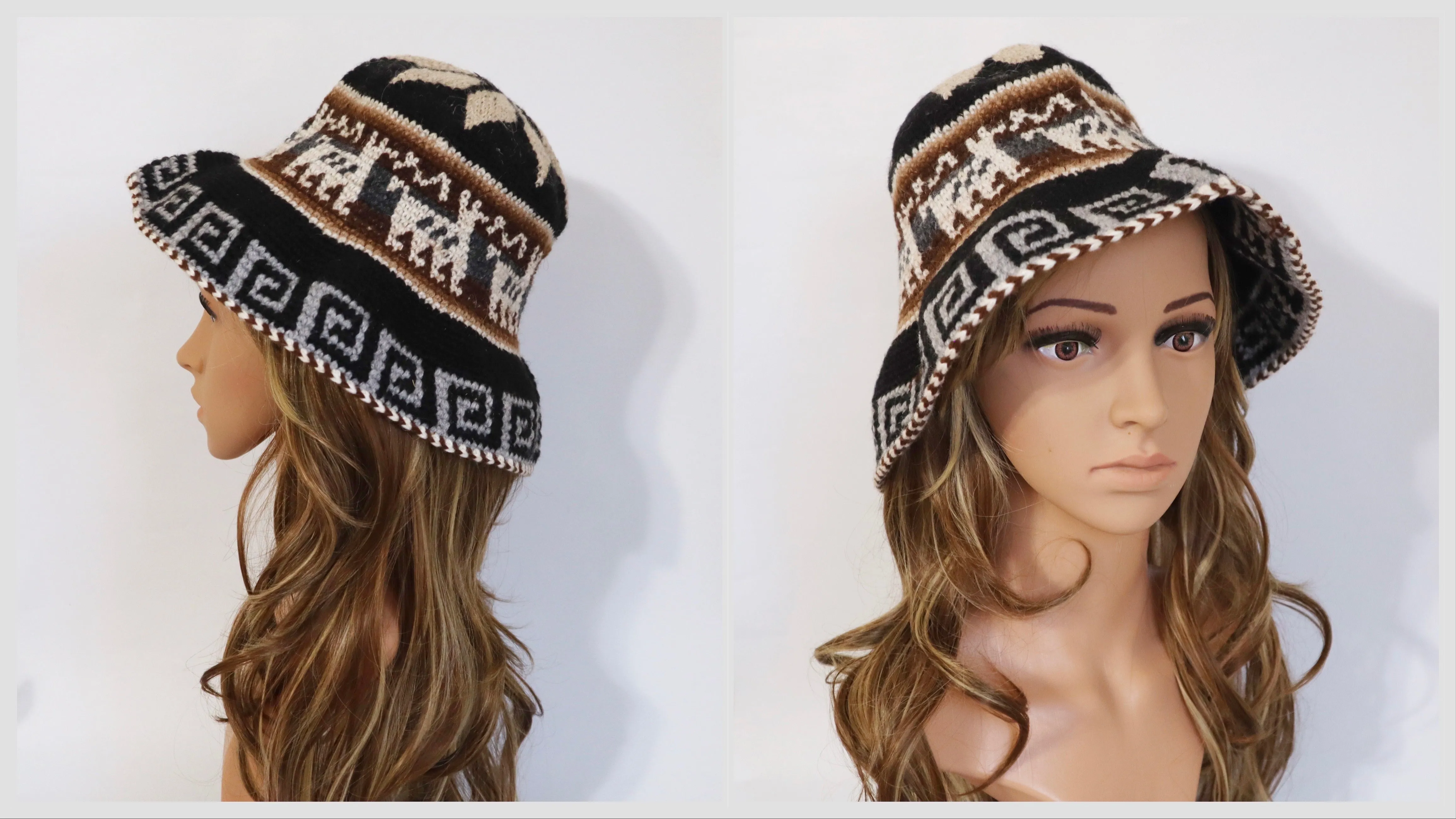 Crochet Roll-Up Peruvian Hat Rustic Thick Knit Sheep & Alpaca Wool. Large Size Unisex