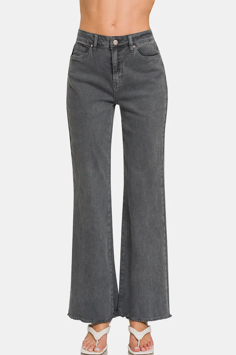 Dark Grey Acid Washed Frayed Hem Bootcut Jeans