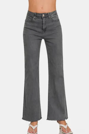 Dark Grey Acid Washed Frayed Hem Bootcut Jeans