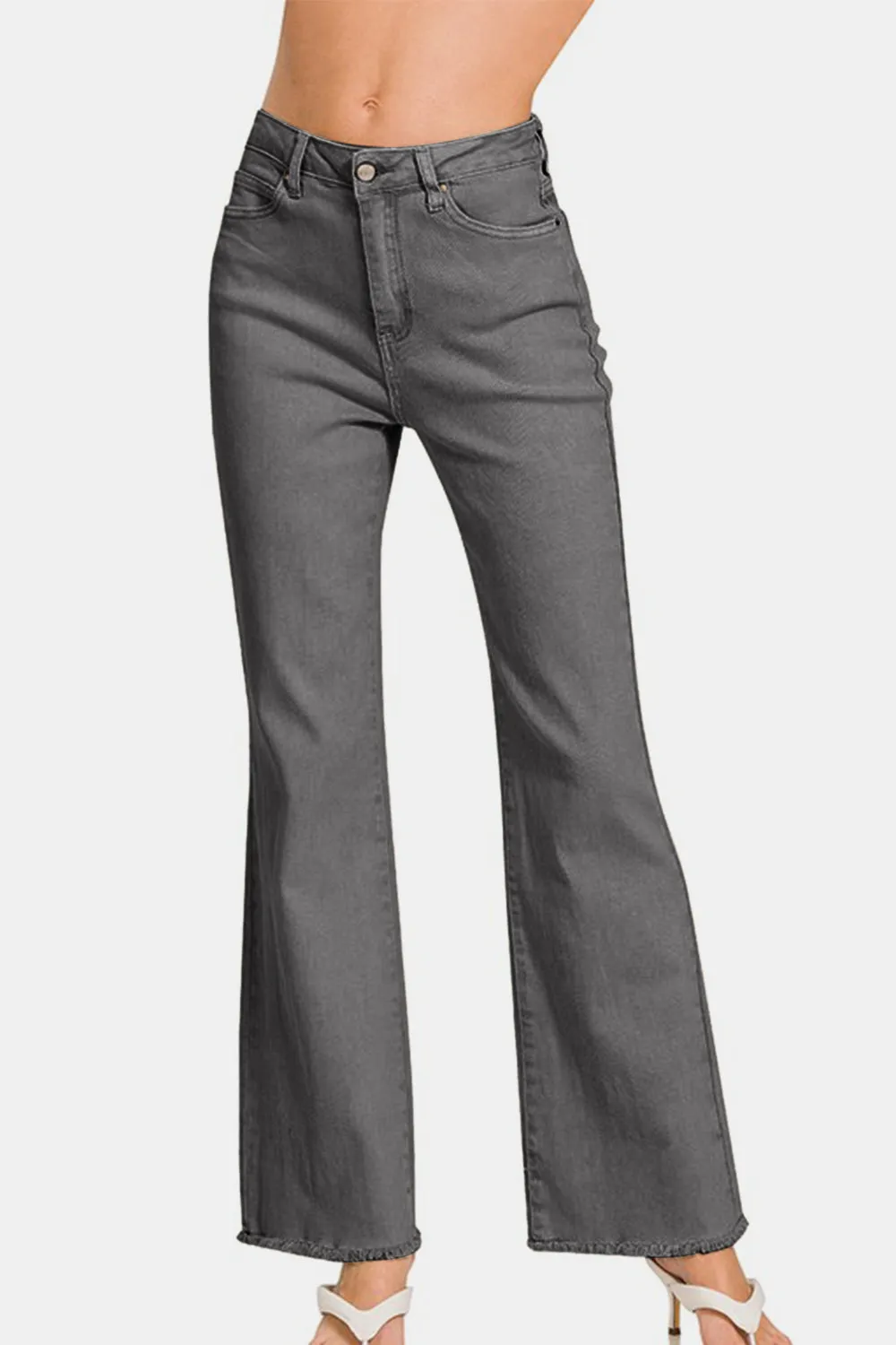 Dark Grey Acid Washed Frayed Hem Bootcut Jeans