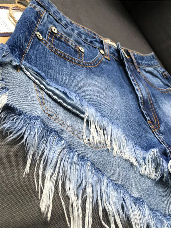 Fit Slim Women's High Waisted Fringed Washed Denim Shorts