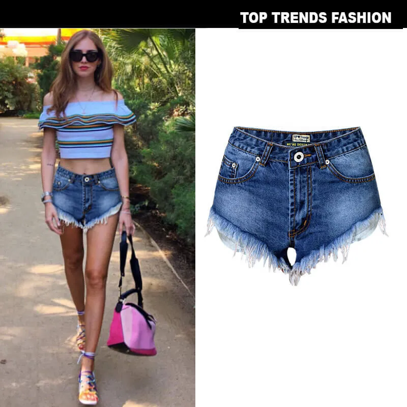Fit Slim Women's High Waisted Fringed Washed Denim Shorts