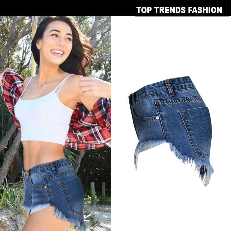 Fit Slim Women's High Waisted Fringed Washed Denim Shorts