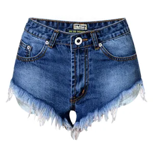 Fit Slim Women's High Waisted Fringed Washed Denim Shorts