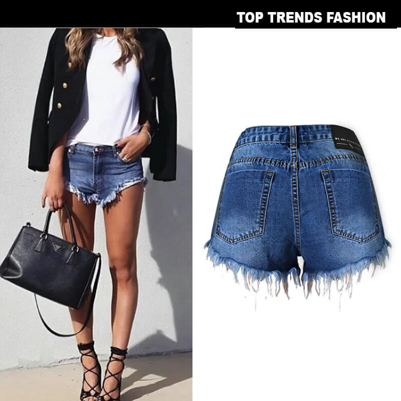 Fit Slim Women's High Waisted Fringed Washed Denim Shorts