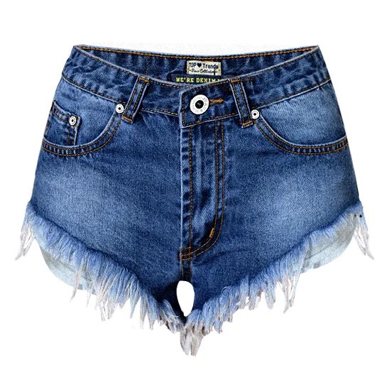 Fit Slim Women's High Waisted Fringed Washed Denim Shorts