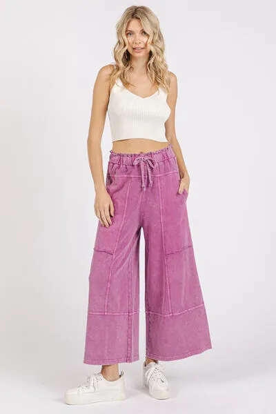 Fuchsia Pink  Mineral Wash Seam French Terry Wide Leg Pants