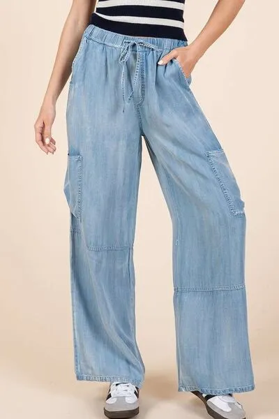 Hazel Blues® |  Mittoshop Washed Elastic Waist Cargo Wide Leg Pants