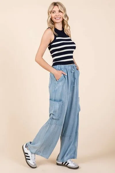 Hazel Blues® |  Mittoshop Washed Elastic Waist Cargo Wide Leg Pants
