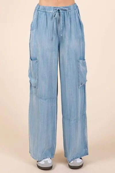 Hazel Blues® |  Mittoshop Washed Elastic Waist Cargo Wide Leg Pants