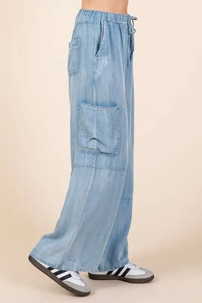 Hazel Blues® |  Mittoshop Washed Elastic Waist Cargo Wide Leg Pants
