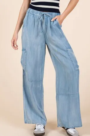 Hazel Blues® |  Mittoshop Washed Elastic Waist Cargo Wide Leg Pants