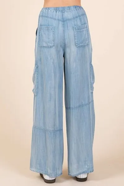 Hazel Blues® |  Mittoshop Washed Elastic Waist Cargo Wide Leg Pants