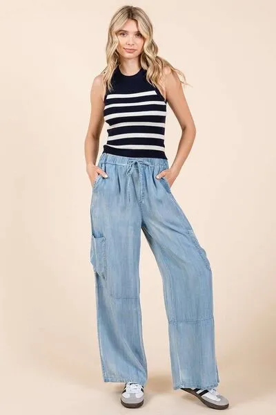 Hazel Blues® |  Mittoshop Washed Elastic Waist Cargo Wide Leg Pants