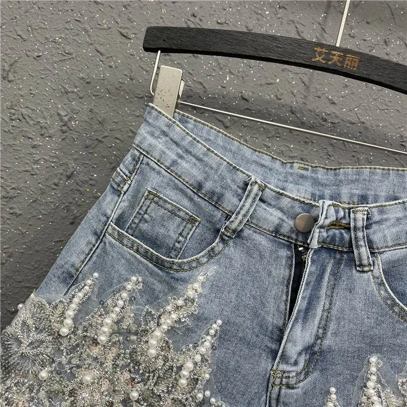 Heavy Industry Western Style Beaded Denim Shorts For Women