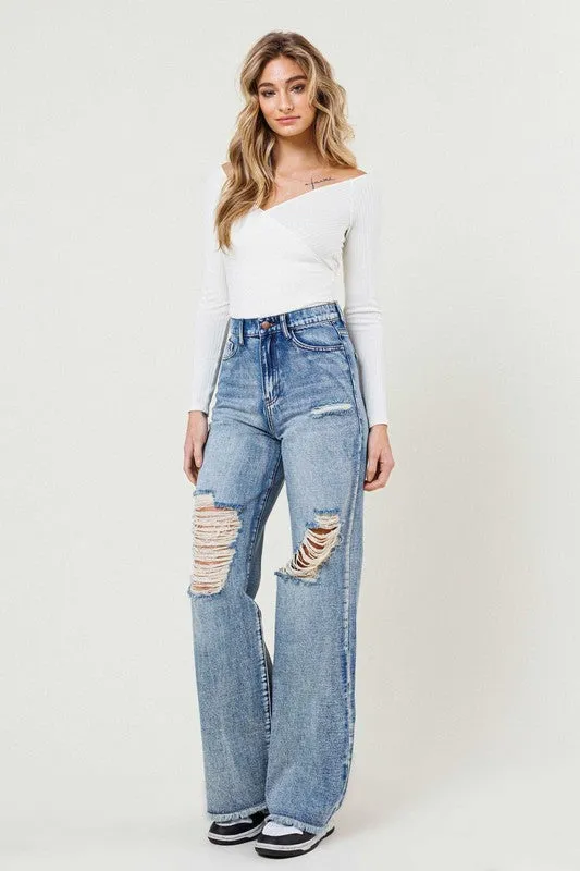 High Rise Wide Leg Acid Wash Jeans