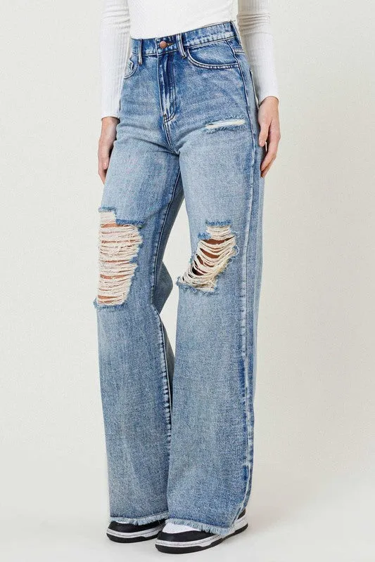 High Rise Wide Leg Acid Wash Jeans