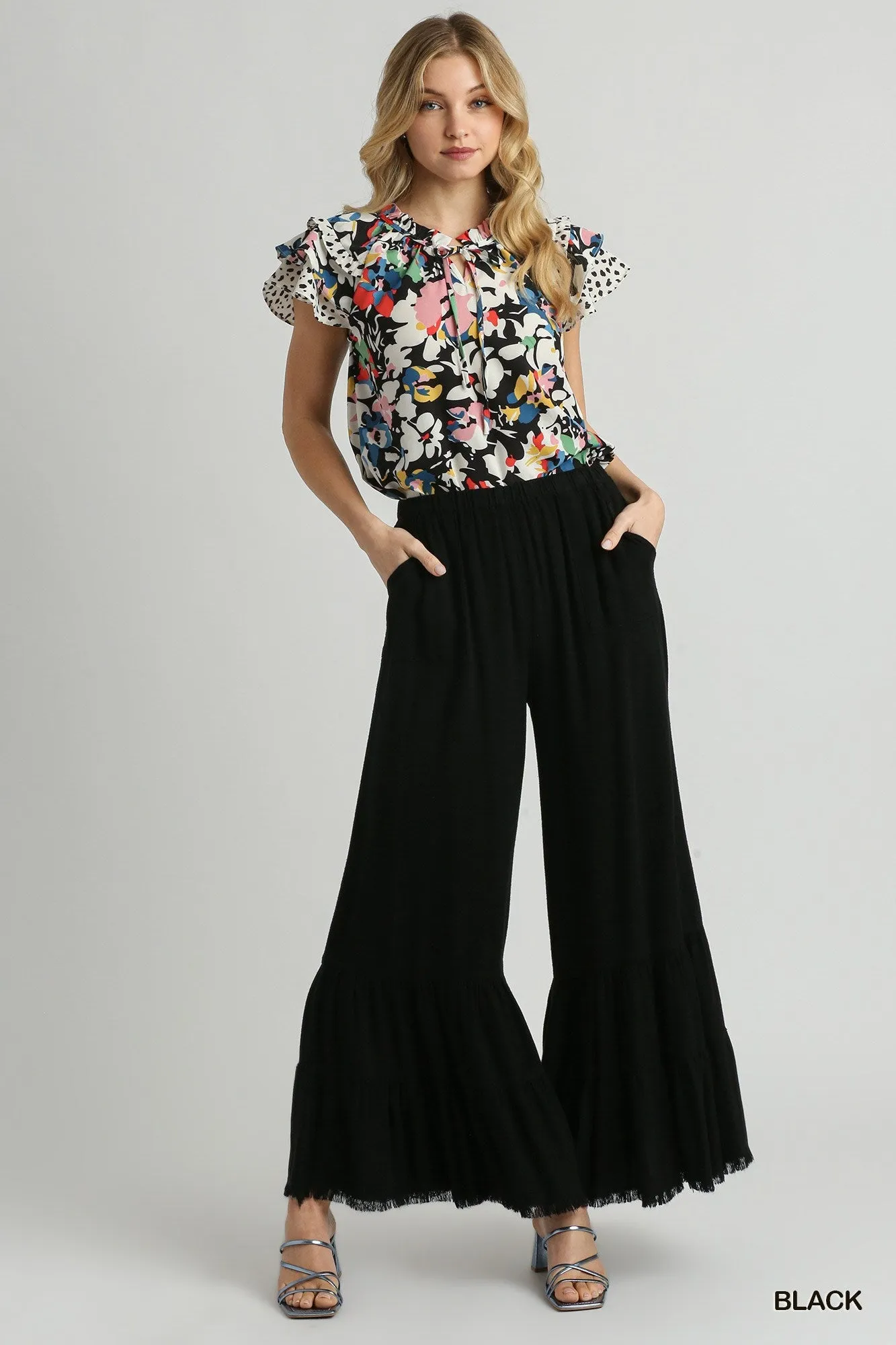 Isabella Wide Ruffle Leg Pants In Black