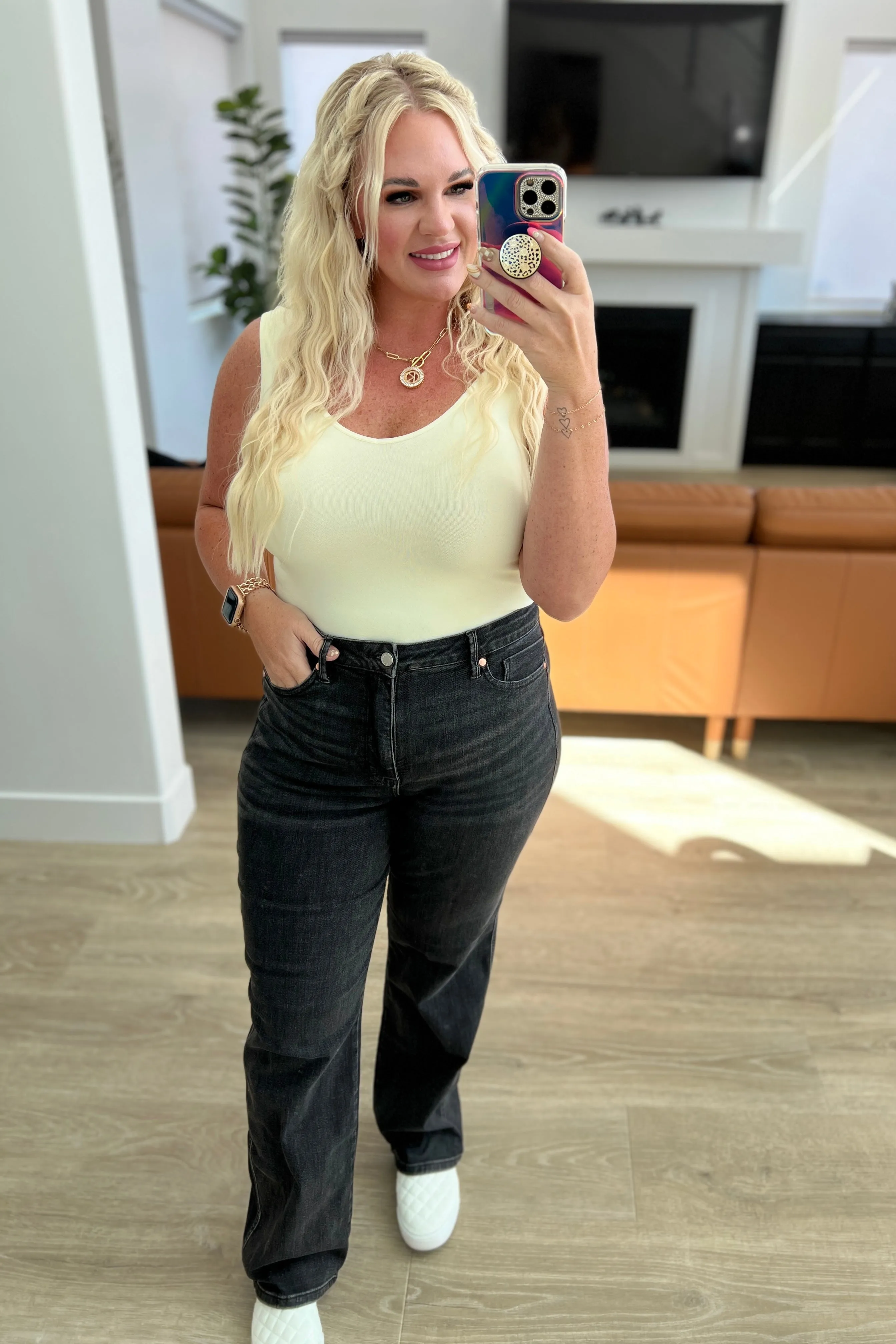 Joan High Rise Control Top Straight Jeans in Washed Black - Judy Blue
