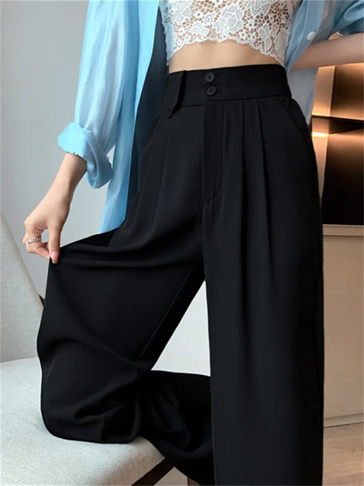 Ladies High Waist Button Up Wide Leg Casual Pants