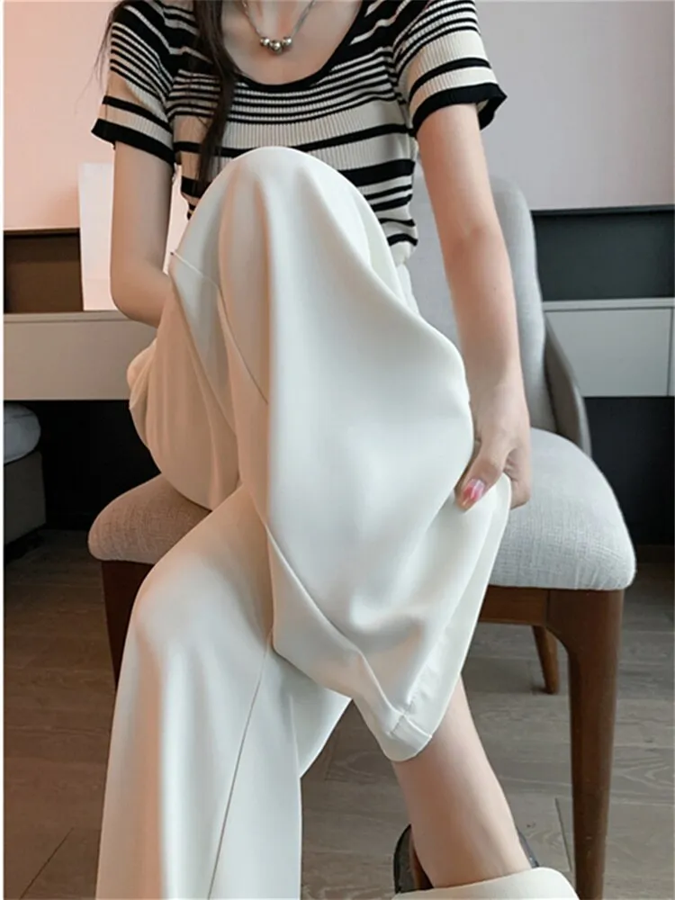 Ladies High Waist Button Up Wide Leg Casual Pants