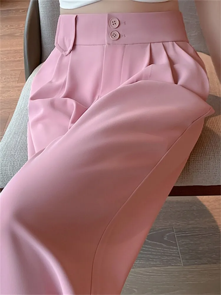 Ladies High Waist Button Up Wide Leg Casual Pants