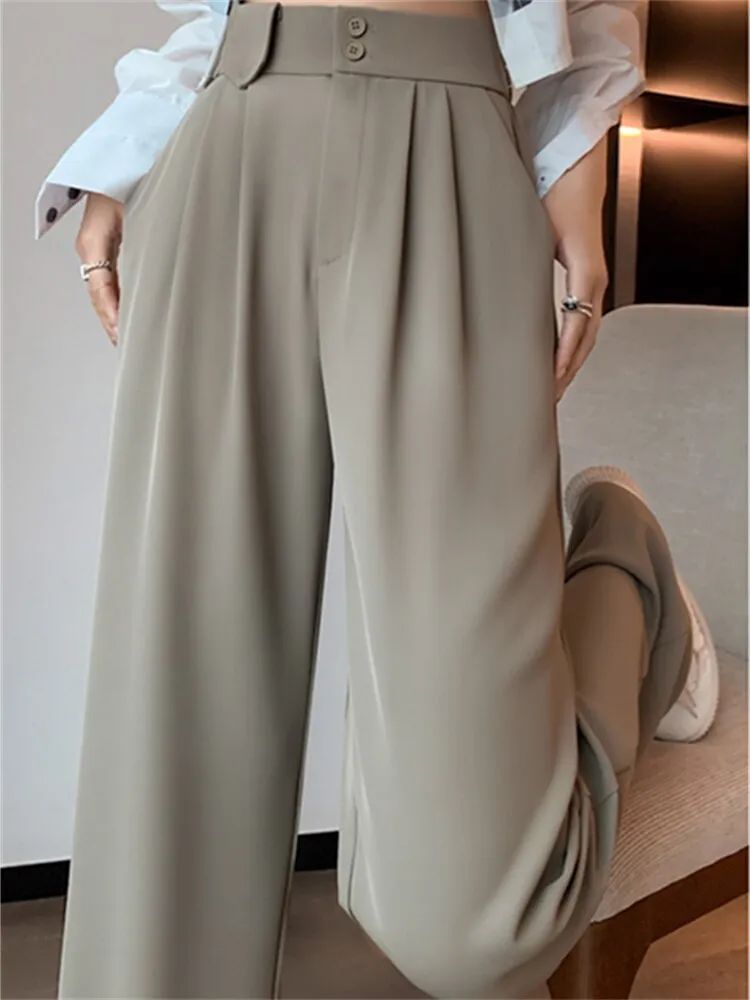 Ladies High Waist Button Up Wide Leg Casual Pants
