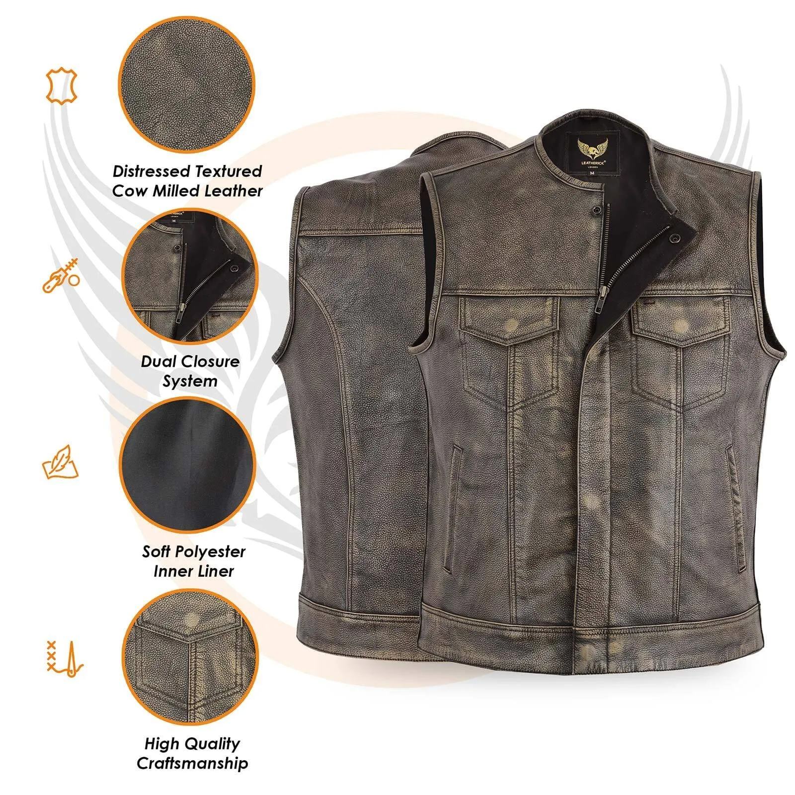 Leatherick Anarchy Club Distressed Brown Collarless Leather Vest
