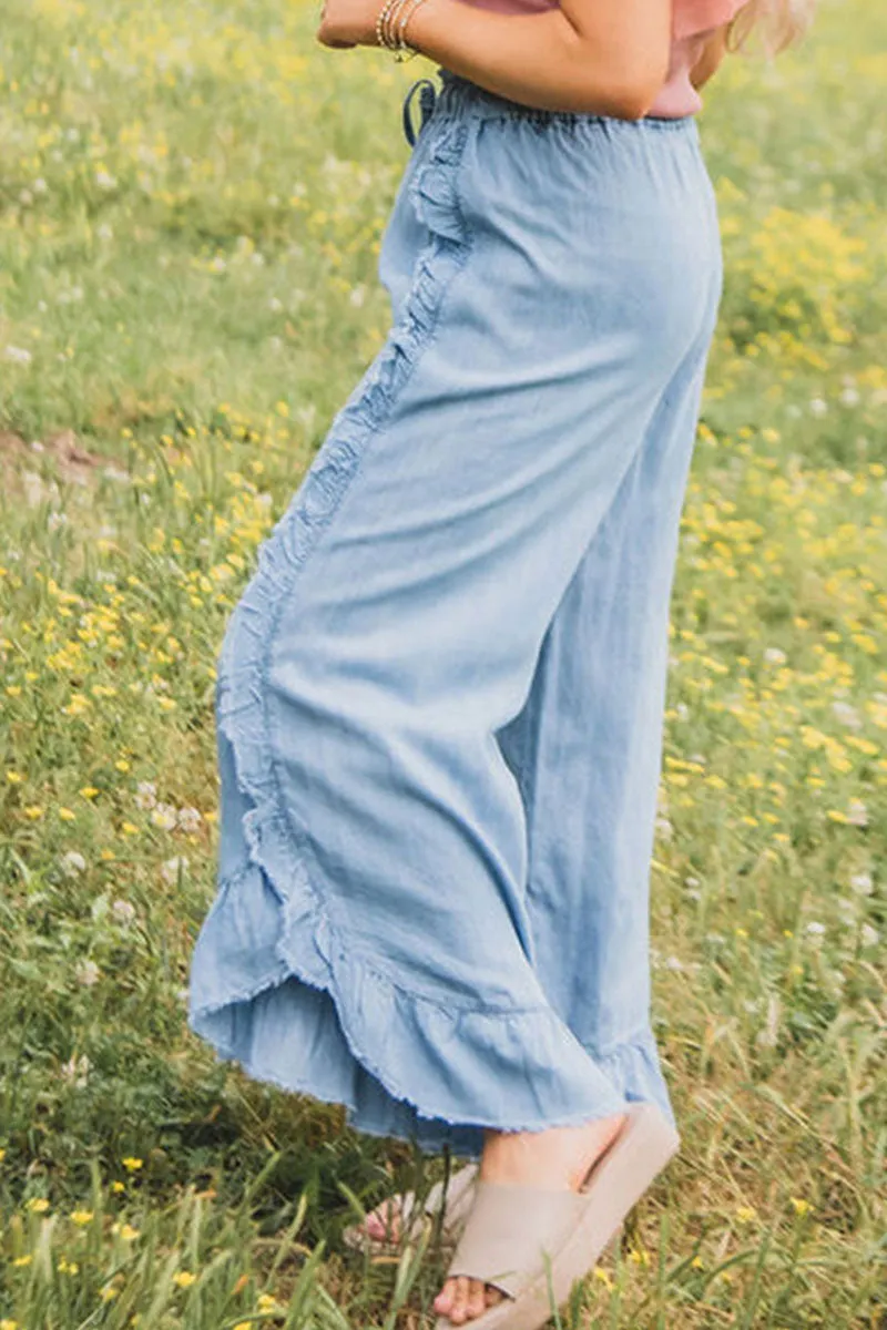 Light Wash Raw Hem Ruffled Wide Leg Pants