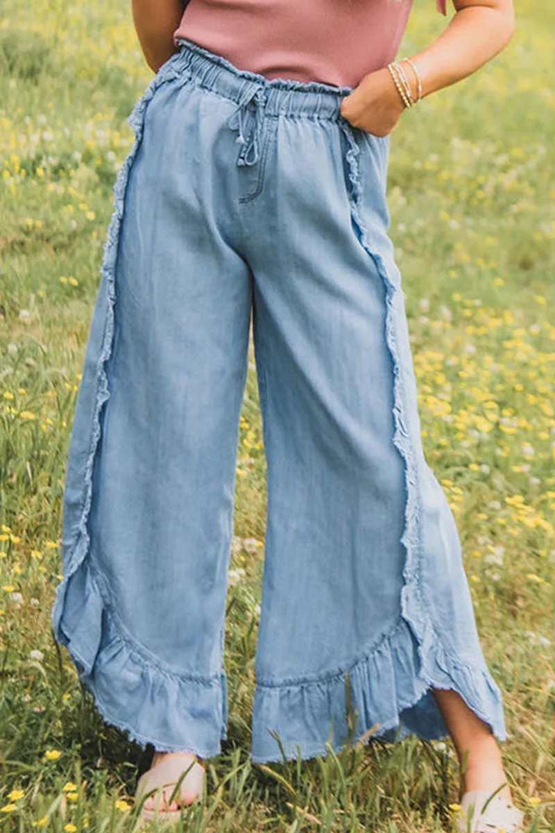 Light Wash Raw Hem Ruffled Wide Leg Pants