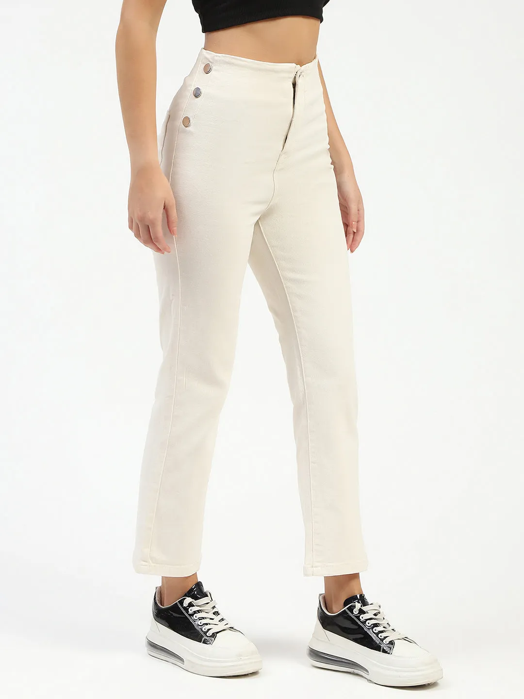Madame Cotton Button Detailed Ivory Flared Denim