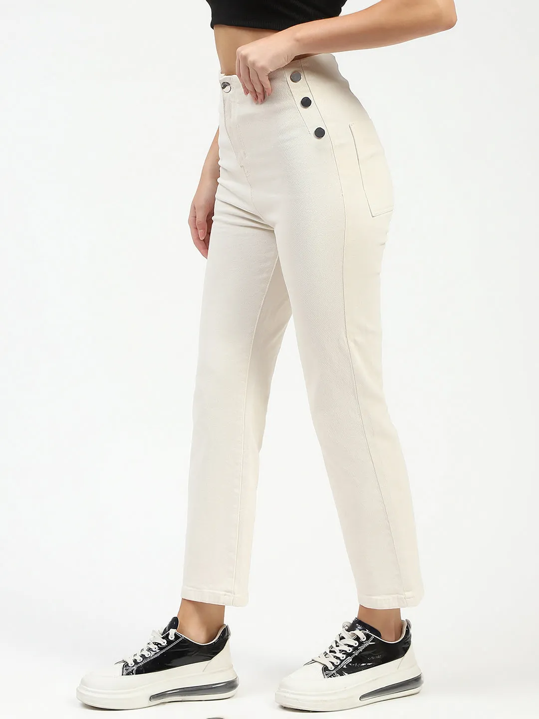 Madame Cotton Button Detailed Ivory Flared Denim