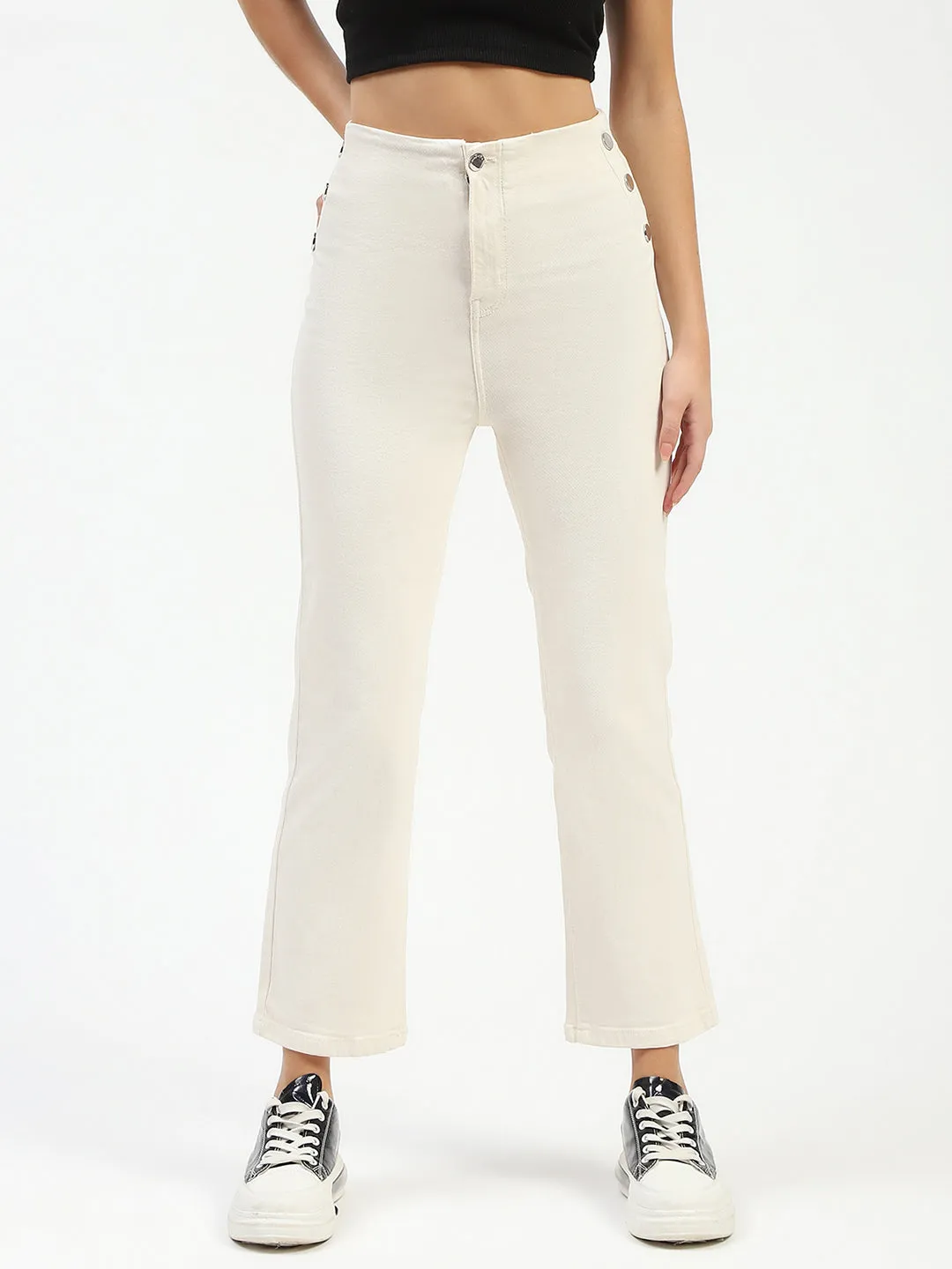 Madame Cotton Button Detailed Ivory Flared Denim