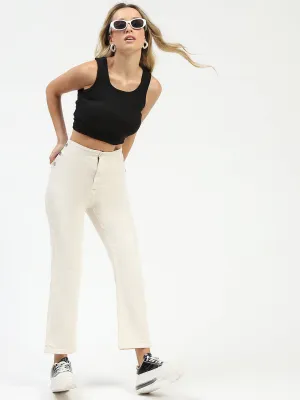 Madame Cotton Button Detailed Ivory Flared Denim