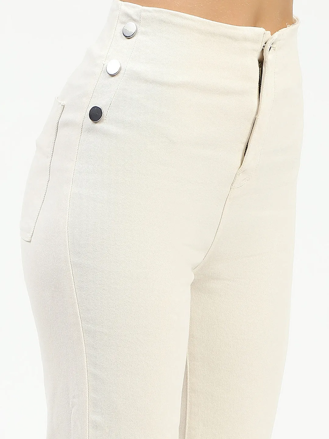 Madame Cotton Button Detailed Ivory Flared Denim