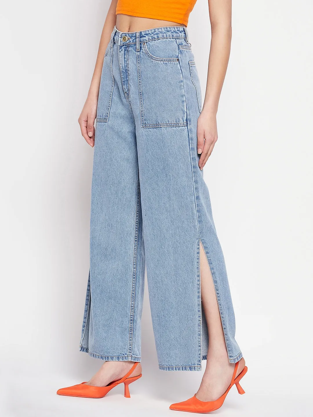 Madame Madame Oversized Pocket Slit Wide Leg Blue Denim