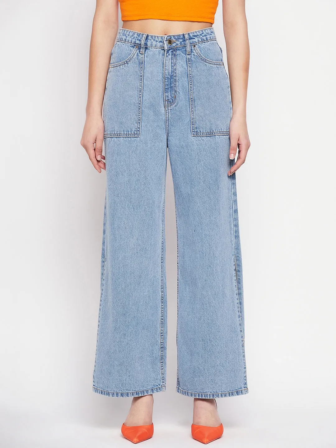 Madame Madame Oversized Pocket Slit Wide Leg Blue Denim