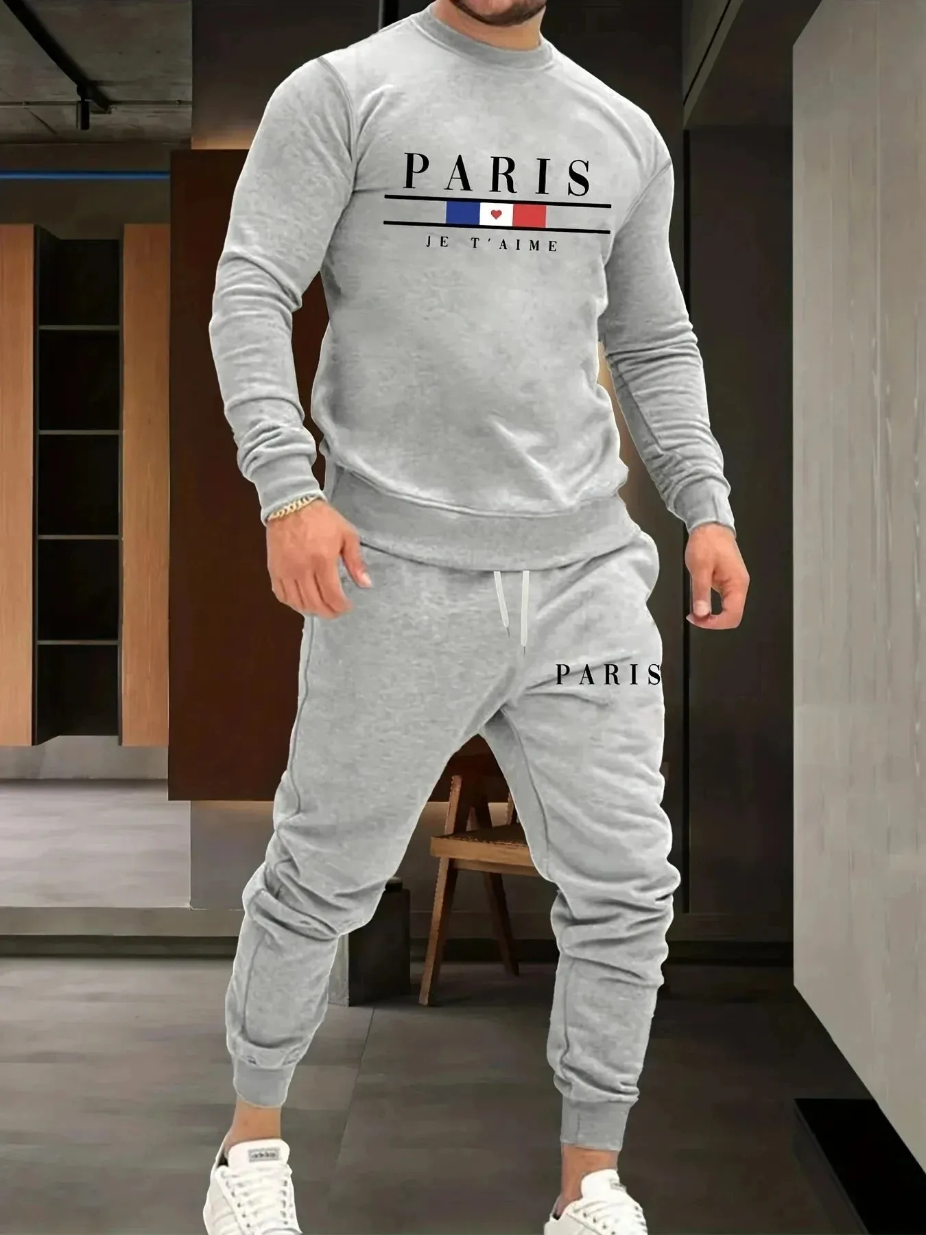 Men's Paris 3D Print Long-Sleeve Sports Set