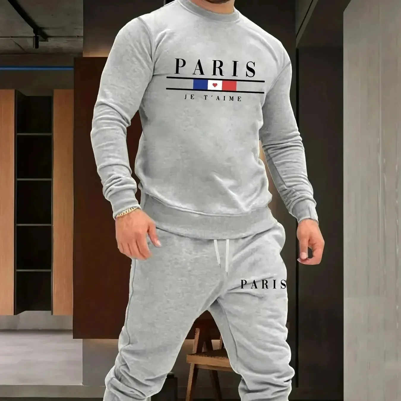 Men's Paris 3D Print Long-Sleeve Sports Set