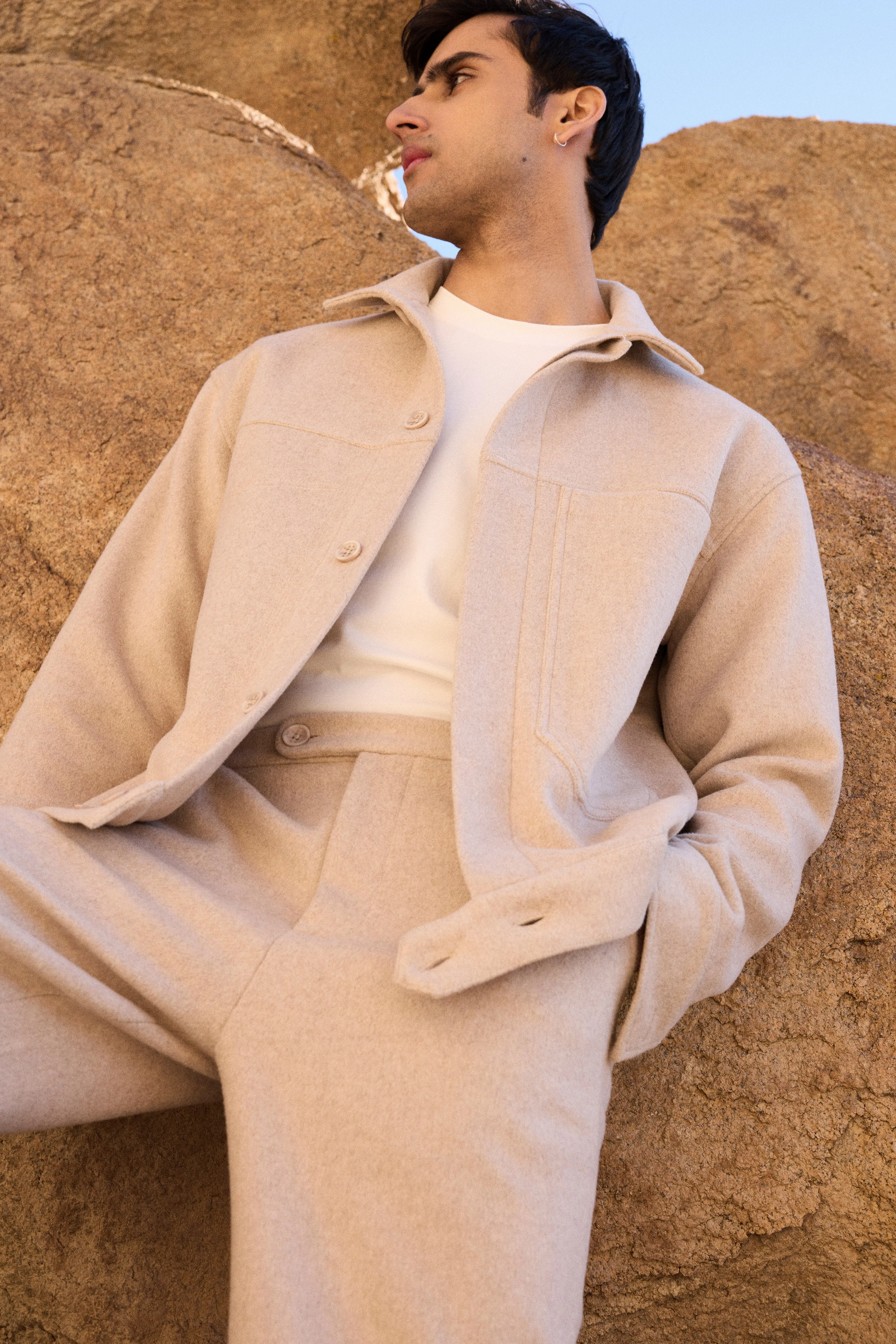 Merino Wool Blend Jacket w Oversized Pockets - Man & Merino Wool Blend Pants - Man (Oatmeal)