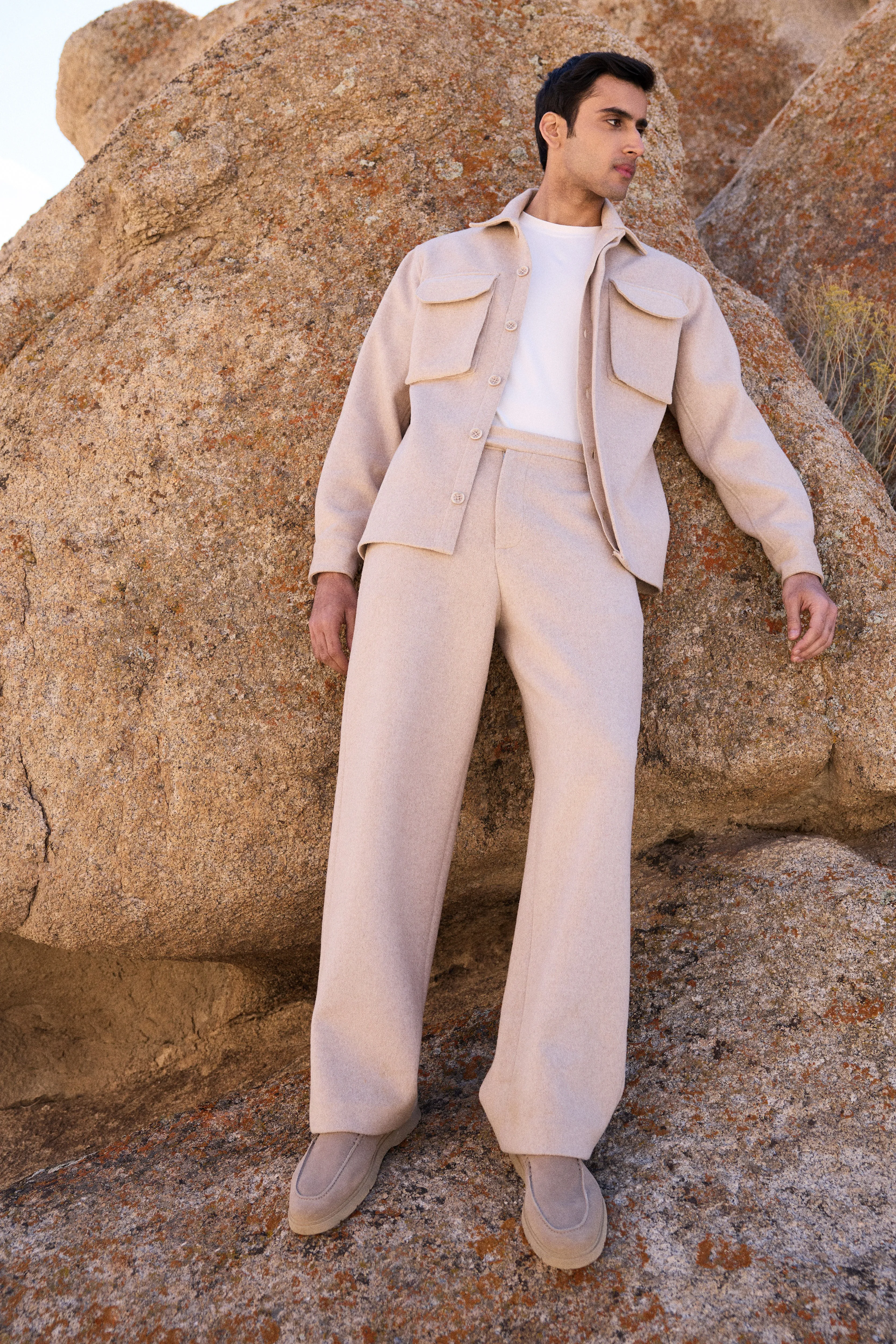 Merino Wool Blend Jacket w Oversized Pockets - Man & Merino Wool Blend Pants - Man (Oatmeal)