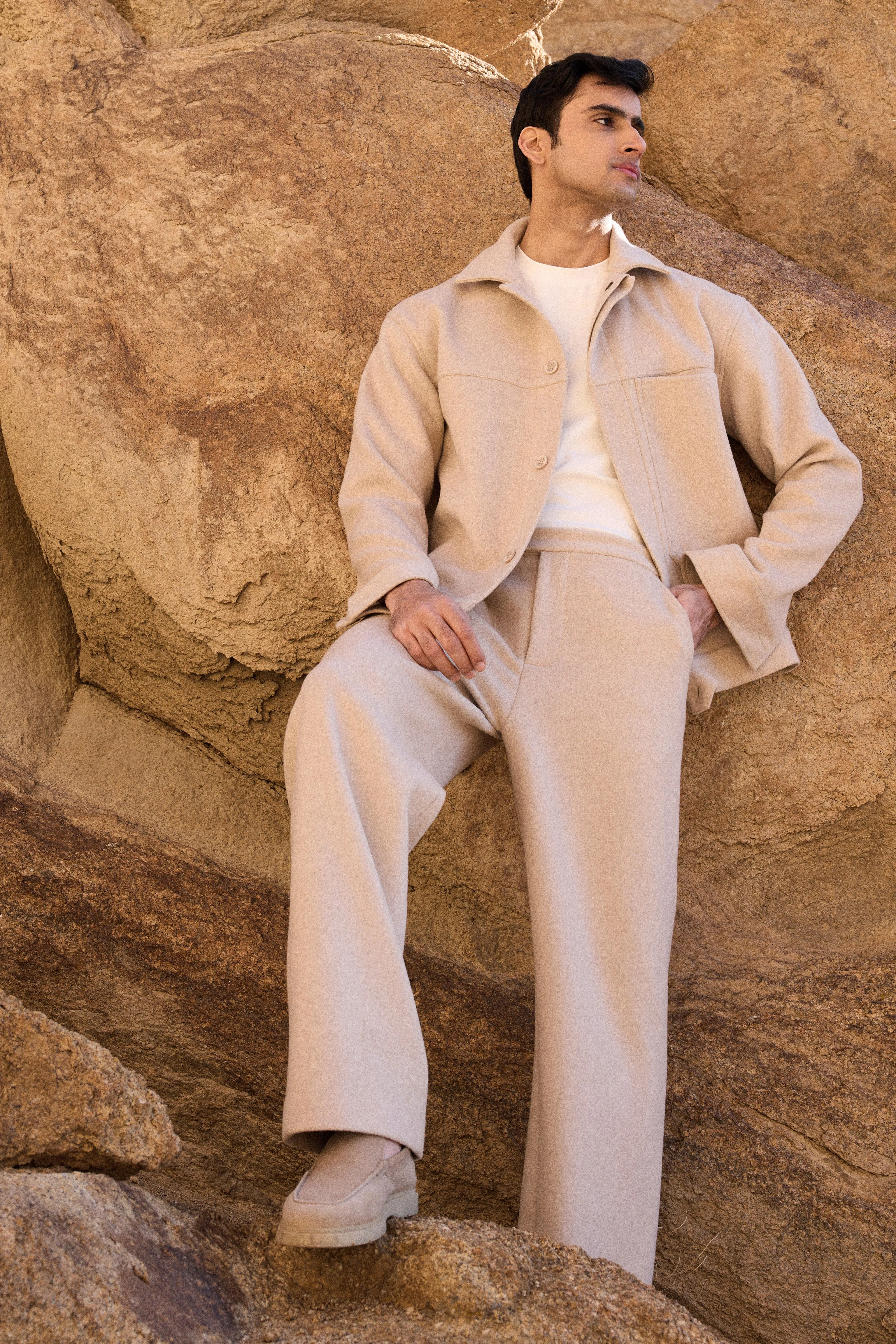 Merino Wool Blend Jacket w Oversized Pockets - Man & Merino Wool Blend Pants - Man (Oatmeal)